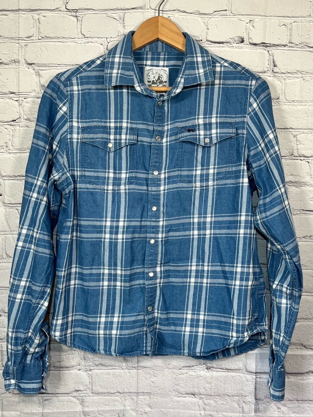 The Black Dog Plaid Pearl Snap Flannel Shirt Womens Size Small Blue Pockets